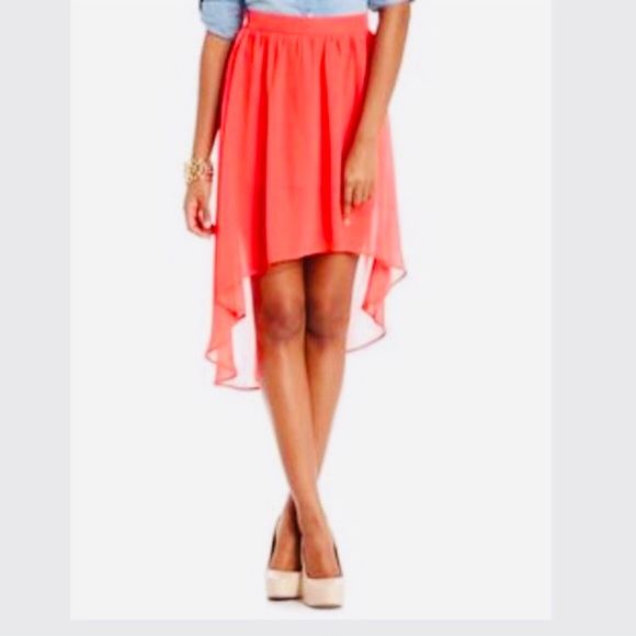 Maurices hot pink coral chiffon high low flowy midi neon skirt fluorescent - Picture 2 of 3